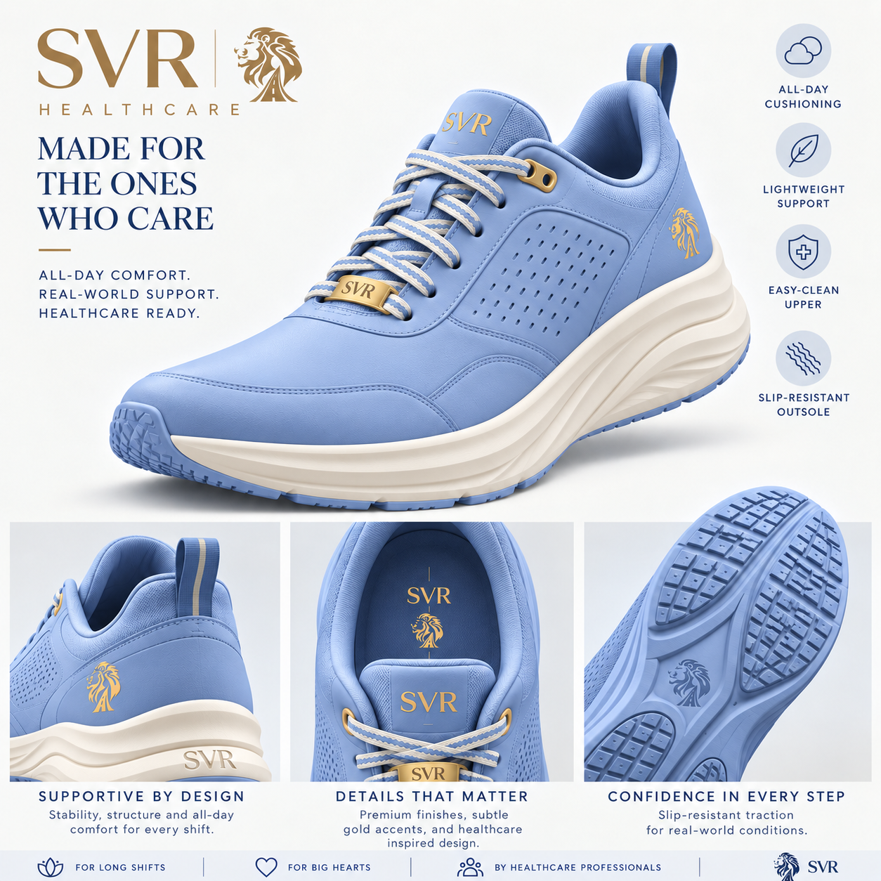 SVR Care Classic light blue and gold lace-up healthcare sneaker concept