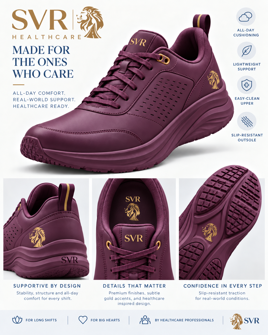SVR Care Elevate plum and gold premium healthcare sneaker concept