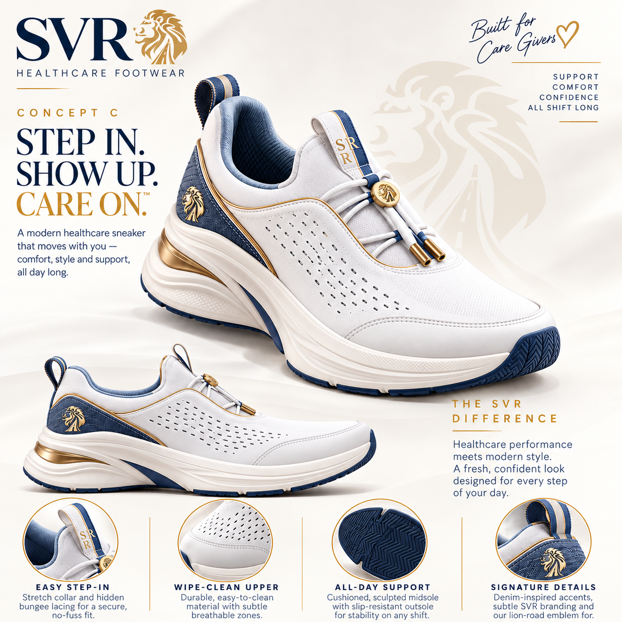 SVR Care Flow white blue and gold quick-entry healthcare sneaker concept