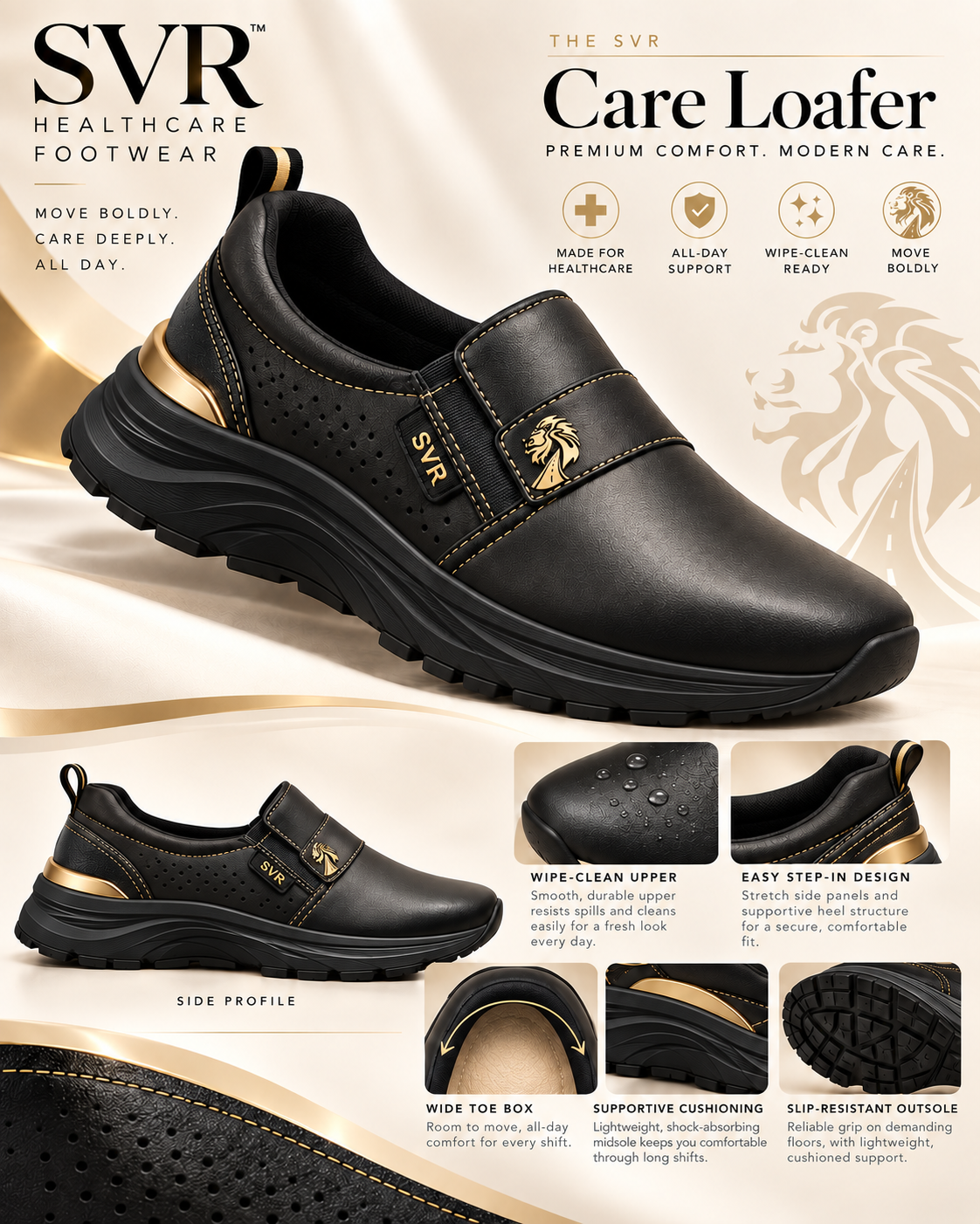 SVR Care Loafer black and gold healthcare footwear concept