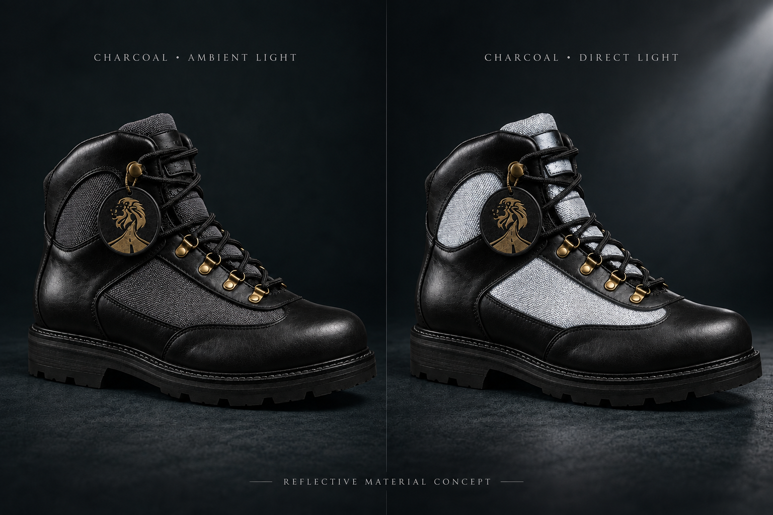 SVR black reflective work boot concept shown under ambient and direct light